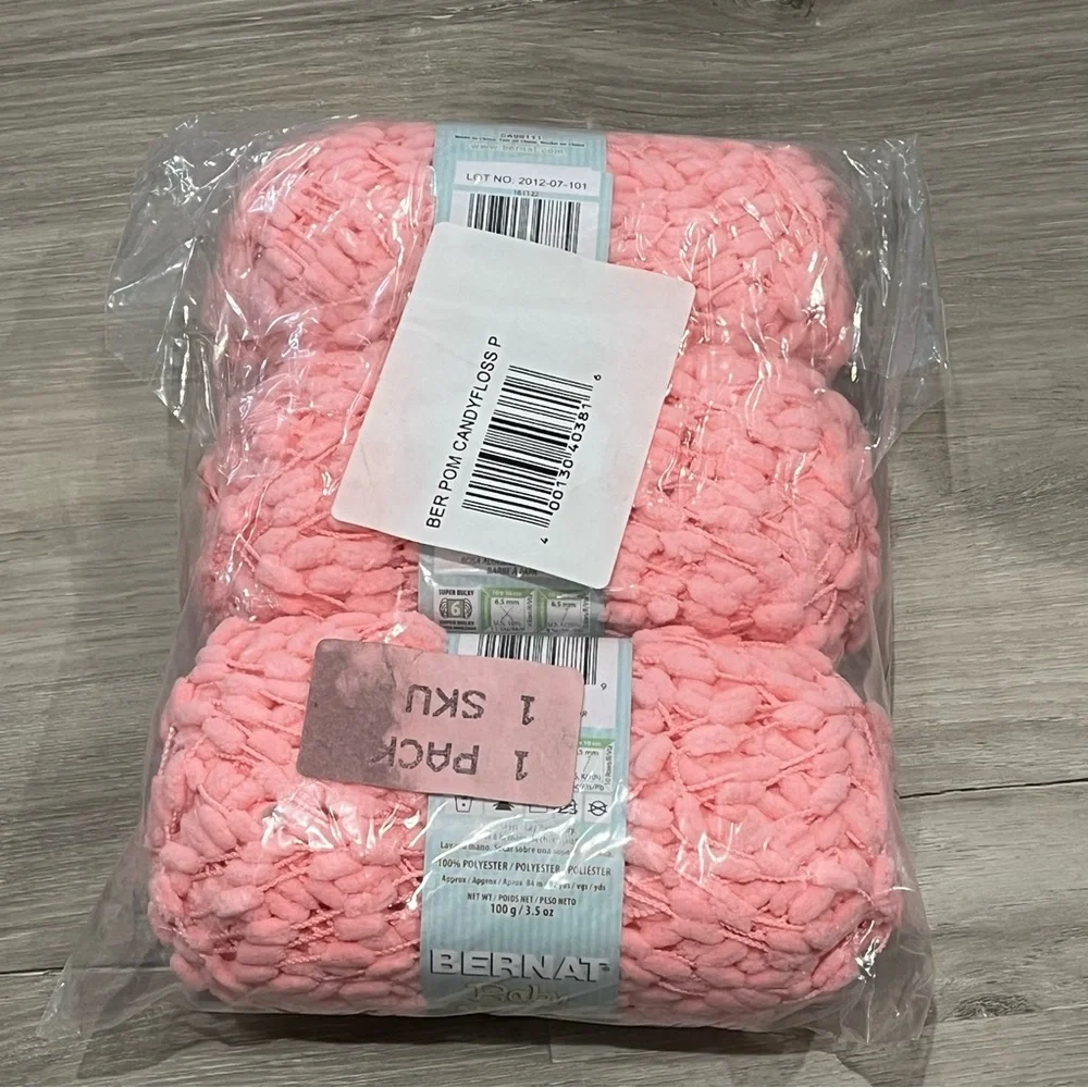 NWT Set of 3 Skeins Bernat Baby Pom Pom Yarn (3.5 oz ea) Candy Floss Pink #6